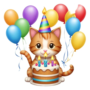 Ginger tabby kitten celebrates birthday, birthday hat, birthday cake, one candle, balloons, happy, gifts sticker