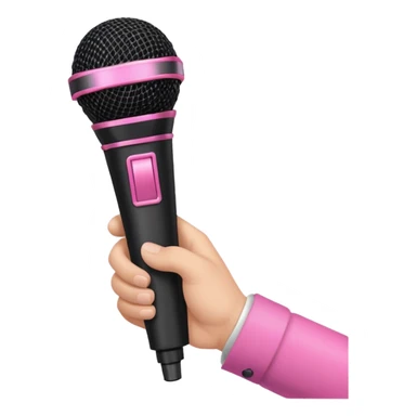 hand holding black stage microphone with pink strip on bottom sticker