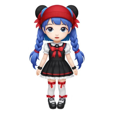 Chibi kawaii girl, violet eyes, black-blue twin tails, red ribbons, red beanie, black & white lolita dress with red accents, white thigh-highs, black mary janes, cute aesthetic. sticker