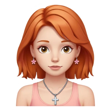 Auburn ginger haired girl with eyelashes wearing a cross necklace and a light coral pink tank top sticker