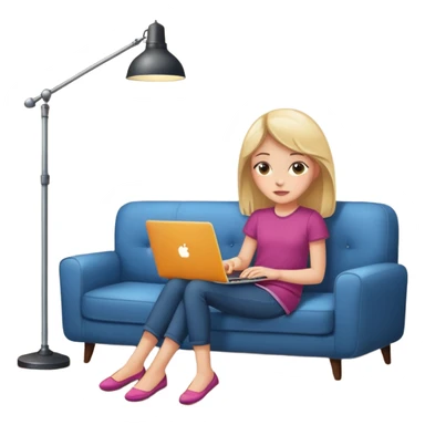 A girl is working with a laptop while lying on a sofa, with a floor lamp to the right. sticker