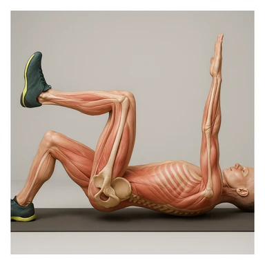Anatomically hyperrealistic 4K side view of a man in dead bug position with the arm on the ground fully extended above the head, straight, showing pelvis and spine bones, translucent muscles and skin, medical atmosphere, realistic anatomical details. Variant 7, slightly change the position of the feet. sticker