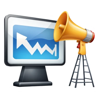 An icon featuring a megaphone, a billboard, and social media icons, symbolizing advertising and public relations. The design includes a press release and a rising graph, representing brand promotion and communication strategies. Transparent background highlights media influence and outreach. sticker