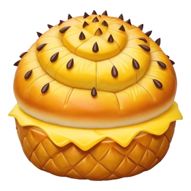 Chinese pineapple bun with crispy yellow top crust, simplified emoji style with bold outlines and bright colors, cartoon style Bo Lo Bao pastry sticker