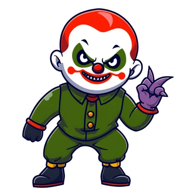evil clown warrior, bald, small black satan-like horns on forehead, fangs, pointed ears, eye patch over one eye, black and military green leisure suit with bellbottom pants, realistically proportioned, less bulky, full body, battle-ready fighting posture sticker