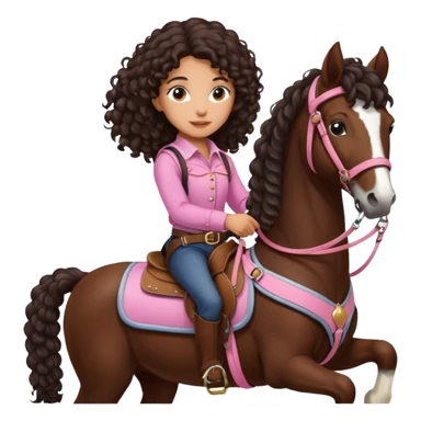 Realistic mixed race girl with long dark brown curly hair, riding a big shire draft horse, wearing pink harness and saddle  sticker