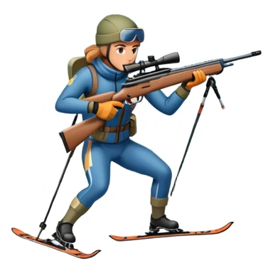An icon showing a snowy landscape with pine trees, mountains and a clear sky with a biathlete aiming a rifle in the foreground, wearing winter gear and skis. Transparent background emphasizes the precision, endurance, and beauty of this winter sport. sticker