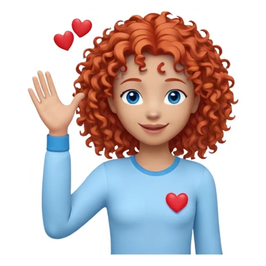 A 3D cartoon-style avatar with a friendly, expressive face. The avatar has curly red hair, bright blue eyes, and a warm smile. It wears a simple white long-sleeve shirt and has a playful pose, with one hand raised and small red hearts floating around sticker