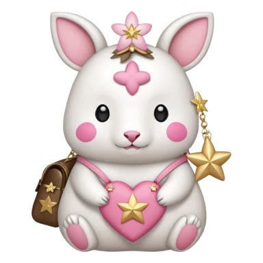 GENERATE ME A MOMONGA WHITE ANIMAL  FROM CHIIKAWA AND PUT A SAKURA FLOWER ON HIS HEAD AND A STAR PELT ON HIS BELLY AND A HEART PURSE ON HIS ARM WITH HIS FACE sticker