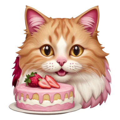 Close-up portrait of a fluffy cat eating a strawberry cake, pink cream on its nose and whiskers, detailed fur texture, soft natural light, shallow depth of field, high resolution, cute and candid moment
 sticker