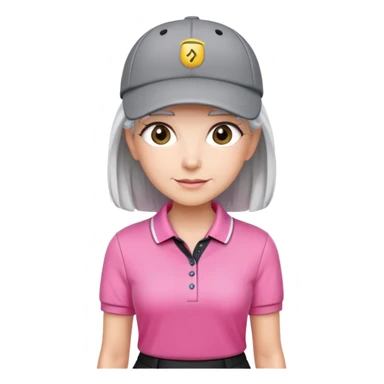 A female golfer with gray hair, pink polo shirt, a black skort, white cap sticker