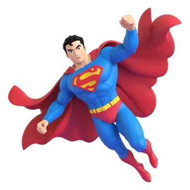 3D emoji of Superman, ultra-realistic and energetic, flying with a flowing red cape, blue suit, glowing yellow 'S' emblem, muscular build, chiseled jawline, signature black hair curl, dramatic sky and sunlight, vibrant and shiny sticker