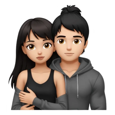 generate a pretty bratz girl in black cami top, dark brown straight long hair with bangs, eyeliner on, 

hugging a handsome muscular boy with black hair and a grey hoodie sticker