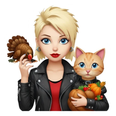 A blonde punk rocker woman with blue eyes with a thanksgiving turkey cat sticker