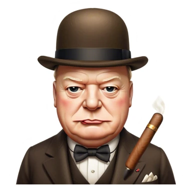 Cinematic Realistic Winston Churchill Portrait Emoji, depicted as a resolute British statesman with a signature bowler hat and a cigar, exuding determined leadership and wartime valor, rendered with lifelike textures and dramatic vintage lighting that captures his iconic British spirit. sticker