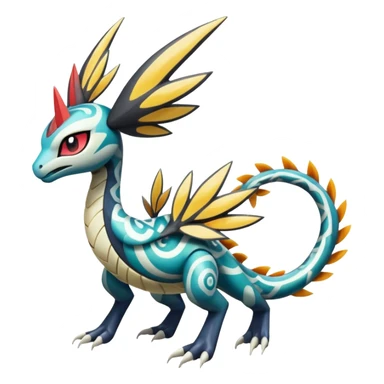 zig-zag-patterned tribal tropical hot swirl-marked Meloetta-Dialga-Salamence-Giratina-Noivern-Pokémon-Fakémon-fusion-hybrid-creature sticker