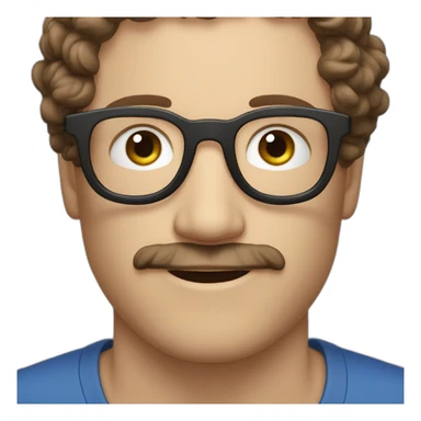 white man with short curly dark brown hair, blue small eyes, round eyeglasses and a brown mustache sticker