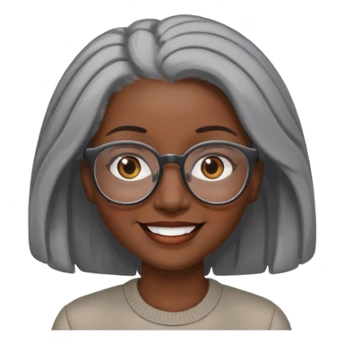 smiling dark black woman wearing glasses with lots of gray hair a sticker