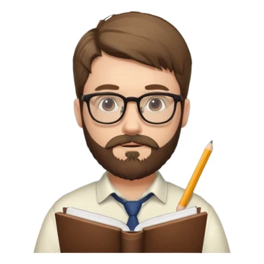 bearded man with glasses studying sticker