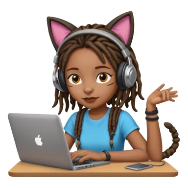 black girl with dreads who works remotely through a laptop with cat ear headphones sticker