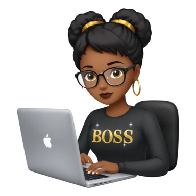black pretty girl working hard with sparkles on laptop "boss lady" spelled out on shirt sticker