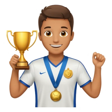 happy soccer player with a first-place medal and a trophy sticker