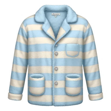emoji of an isolated fluffy fleece pajama top with soft pastel vertical stripes, plush fuzzy texture, light grey and pastel blue tones, button-down long sleeves, neatly folded flat-lay, no person, no body, no mannequin, cozy warm winter mood, soft shading sticker
