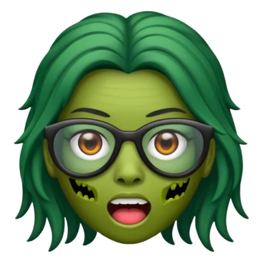 crie um emoji de zumbi feminino, com pele verde, óculos preto e cabelo longo preto sticker