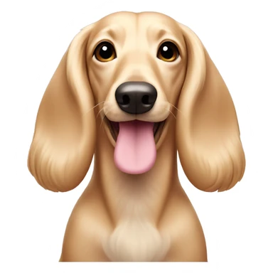 Pale cream, long-haired wiener dog with a pink nose sticker