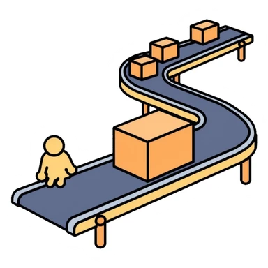Simple assembly line with small blocks moving on a conveyor belt, symbolizing a repeatable system or process sticker