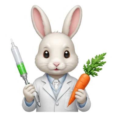 ​​White bunny in lab coat holding carrot syringe.







 sticker