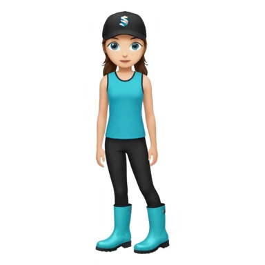 A landscaper in a beautiful turquoise longsleve and turquoise rubber boots, black pants, and a black sleeveless shirt. On her head is a black color Swissotel baseball cap. The girl is a brunette with blue eyes. sticker