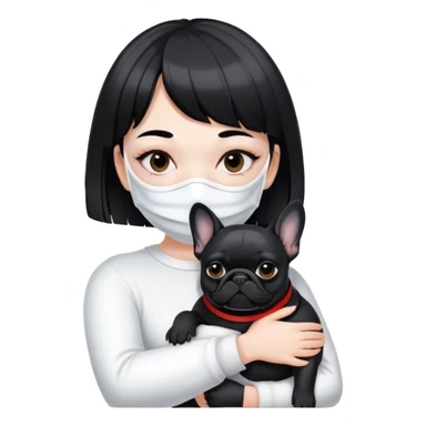 girl with short black straight bangs hair wearing a white mask and hugging a black French bulldog sticker