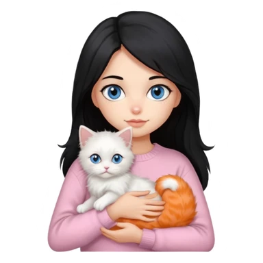 Girl with mid long black hair in soft pink sweater holding A 2-month-old Persian-Angora mix kitten with blue eyes and mostly orange fur with white patches cat sticker