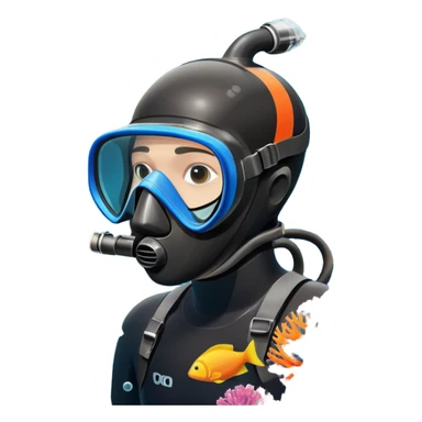 An icon featuring a close-up of a freediving mask and snorkel, with a breath-holding diver's fins, set against a vibrant underwater world. The design includes coral reefs, fish, and bubbles, symbolizing the serene beauty and thrill of freediving. Transparent background highlights the calm sticker