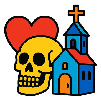 vibrant toon style heart, skull, and church together, no background sticker