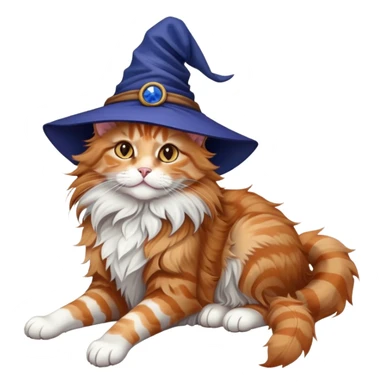 full body Maine coon ginger tabby cat flopped over on her back wearing an indigo witch hat sticker