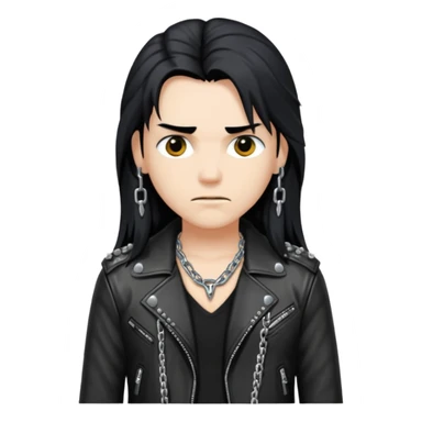 A fan of heavy extreme music, a metalhead with long black hair, rivets in chains on a leather jacket sticker