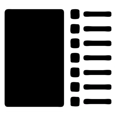 minimal solid white icon of a bold rectangle with seven small solid squares each at the start of a short horizontal line arranged vertically as a list, very geometric, Netflix UI style, black background, no text sticker