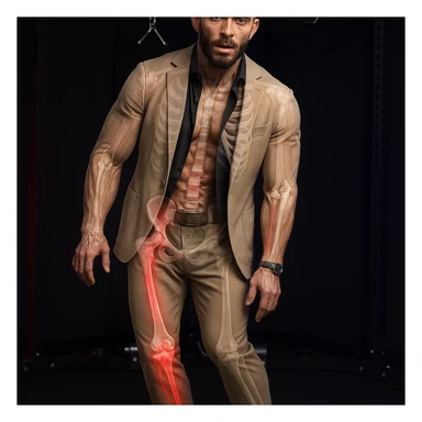 Realistic man standing in a gym, pose as in the reference, pelvis tilted, knee in valgus, and pronated foot. Visible skin and muscles, some translucent areas partially showing bones and joints involved (pelvis, knee, foot). Kinetic chain from pelvis to foot highlighted. Natural expression, clothing similar to the reference, hyperrealistic 4K details, gym environment. Variant 6. sticker