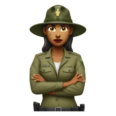 a female drill sergeant character wearing a classic sergeant hat and a camouflage army shirt. The character should have an angry intense expression. full torso sticker