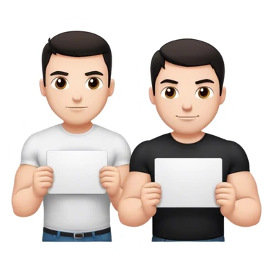 One large white muscular man with dark hair and a white shirt one and white thin man wearing a black shirt each holding a sign that says best friends forever  sticker