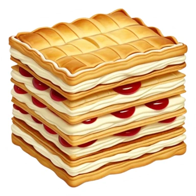 mille-feuille-cinematic-realistic-mille-feuille-dessert-emoji,-depicted-as-a-rectangular delicate-pastry-composed-of-two-crisp-layers-of-puff-pastry-with-a-rich-cream-filling,-rendered-with-intricate-textures-and-elegant,-soft-lighting. Please only show two layers only. sticker