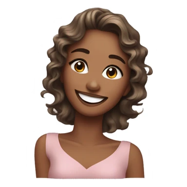An emoji of a smiling woman with wavy, shoulder-length hair, wearing sparkling eye makeup and a soft, friendly expression. One hand gently touches her face, showcasing her elegance and joy sticker