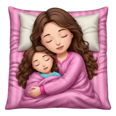 girl brunette inside a blanket sleeping  eyes closed with long  brown wavy hair and pink pjs sticker