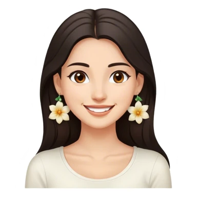 The image features a young woman with long, dark hair and a warm smile without showing tooth. She is wearing a white top and elegant floral earrings. Her expression conveys happiness and friendliness. The background is softly blurred with neutral tones, suggesting an indoor setting. The lighting is soft and natural, enhancing the relaxed and approachable feel of the image. sticker