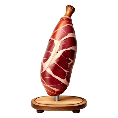 _cinematic-realistic-spanish-ham-leg,-depicted-as-a-massive,-cured-leg-of-jamón-serrano-(ham)-with-a-deep-reddish-brown-hue on the outside,-intricately-marbled-and-slightly-glossy-with-age,-elegantly-displayed-on-a-rustic-wooden-stand-and-bathed-in-warm sticker