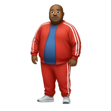 fat man in red sweatsuit with white stripe down middle sticker