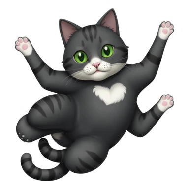 solid dark grey cat with green eyes, white toes/paws and white patch on her chest playfully rolling upside down sticker