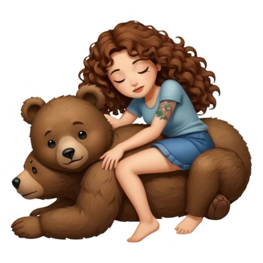 cute woman long curly brown hair tattoos riding sleepy bear sticker